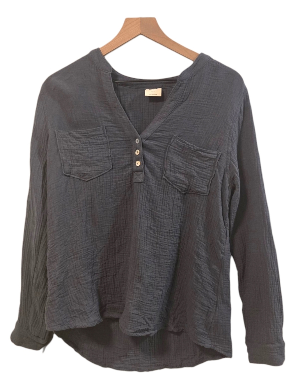 Mote 100% Cotton Blue Gray Crinkle Gauze Long Sleeve Henley Tunic Large
